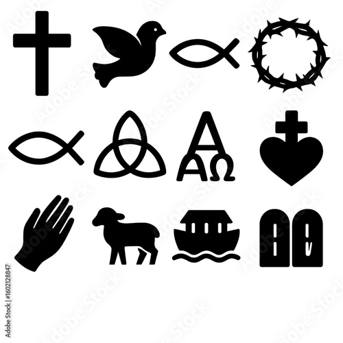 Collection thorns symbols praying vector ark omega cross lamb hands christian fish