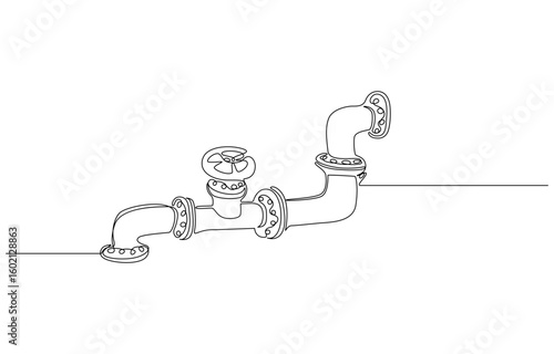 Piping System Line Art Industrial Valve and Pipe Fittings, Pipeline with Valve, Gas oil pipeline continuous line art drawing
