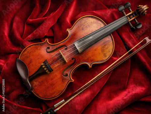 Antique Violin and Bow on Rich Red Velvet: Dramatic, Elegant, Musical Stock Photo