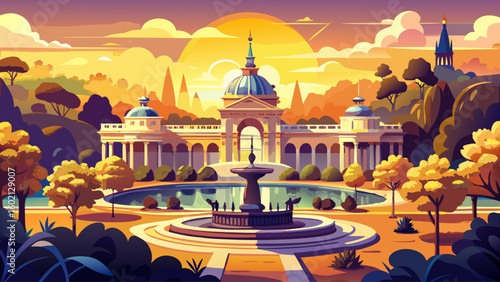 Retiro Park in Madrid glowing under golden sunlight, Palace nearby. Ornamental gardens and sculptures fill the scenic landscape