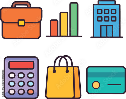 Colorful Business and Finance Icons Set Featuring Briefcase, Bar Graph, Office Building, Calculator, Shopping Bag, and Credit Card