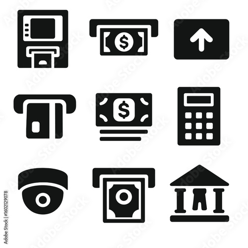 Branch transaction camera set icon dispenser vector machine withdrawal atm amount keypad