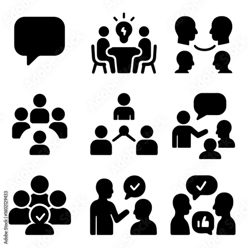 Chat table group conversation discussion collaboration negotiation vector set icon opinion moderator
