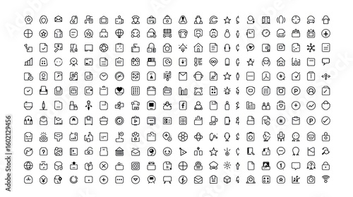 Assortment of minimalist black and white line icons for various digital or print applications