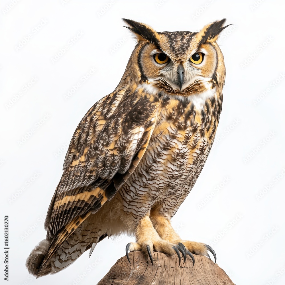 Fototapeta premium Great Horned Owl Perched on Wood Against White Background