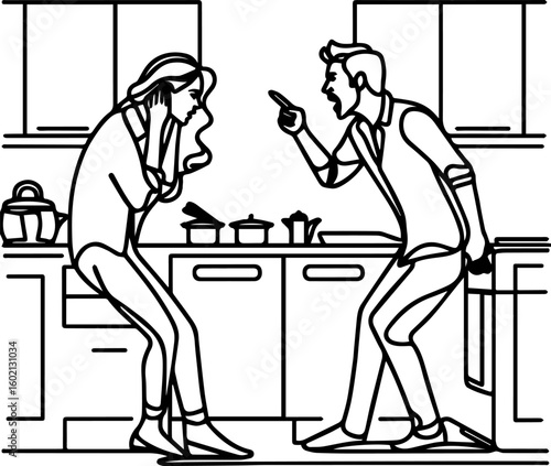 Couple arguing in kitchen with tense expressions and gestures  