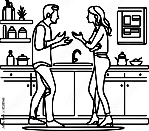 Couple arguing while standing in a kitchen with modern decor  