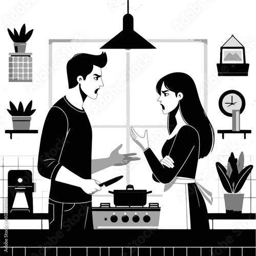 Couple arguing in kitchen while preparing food with plants around  