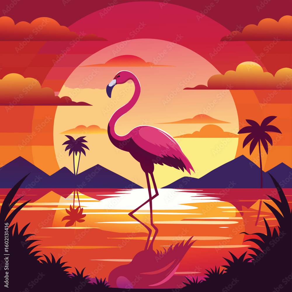 Naklejka premium Nature vector illustration of pink flamingo birds and palm trees in a desert sunset silhouette, featuring beautiful wild animals