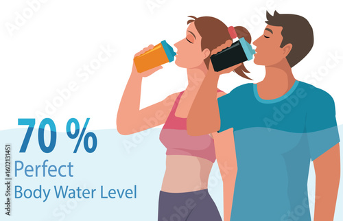 Drinking water, water percentage level in human, aqua balance in human body. daily fluid intake, inforgraphic man,women. vector, illustration