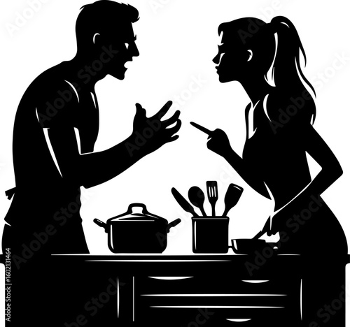 Man and woman, couple arguing in kitchen while preparing dinner  