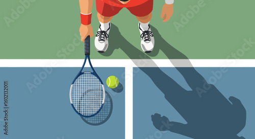 High-angle illustration of a tennis player with racket and ball, standing ready on the court with a long shadow.