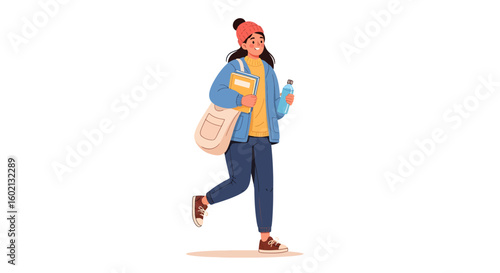 A happy female student wearing a beanie walks to university, carrying a book and a water bottle in this vector illustration.