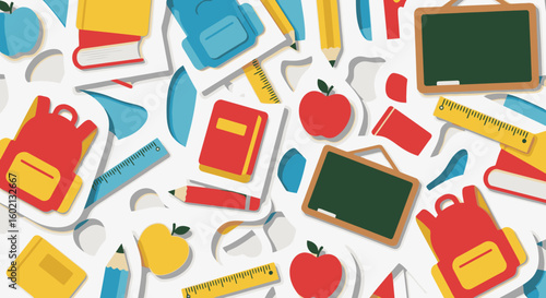 Colorful school supplies like backpacks, books, apples, pencils, and rulers arranged creatively