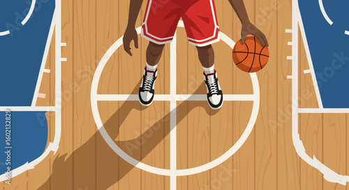 Illustrated basketball player in red shorts standing at center court, dribbling a ball from a top-down aerial perspective.