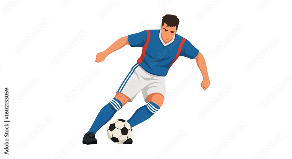 Dynamic vector illustration of a male soccer player in a blue uniform dribbling the ball. Action pose of a footballer isolated on white. Dynamic vector illustration of a male soccer player in a blue uniform dribbling the ball. Action pose of a footballer isolated on white.