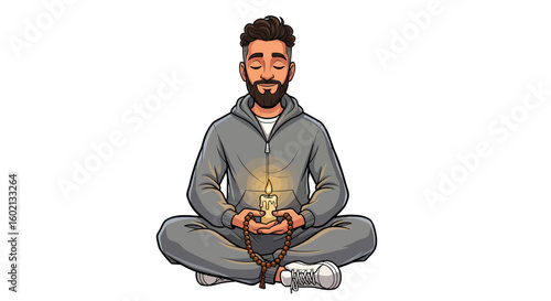 A serene bearded man in a grey tracksuit finds inner peace, sitting cross-legged in meditation holding a luminous candle.