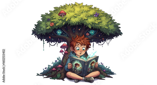 Whisked into a fantasy world, a young boy reads a glowing magic book under a whimsical, ancient tree with glowing mushrooms.