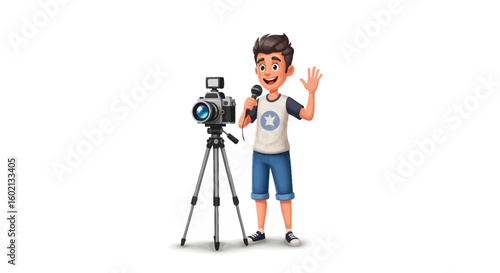Friendly young boy vlogger or aspiring journalist waves hello while recording video content with a professional camera and microphone.