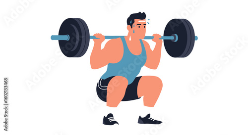 A strong athletic man sweating while performing a heavy barbell squat during a strength training workout session.