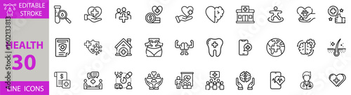 Health and Wellness Icon Set – Editable Vector Illustrations for Medical Care, Fitness, Mental Health, Nutrition, Hospital Services, Healthy Lifestyle, and Wellness Concepts