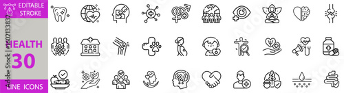 Health and Wellness Icon Set – Editable Vector Illustrations for Medical Care, Fitness, Mental Health, Nutrition, Hospital Services, and Healthy Lifestyle Concepts