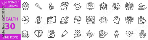 Medical and Healthcare Icon Set – Editable Vector Illustrations for Hospitals, Doctors, First Aid, Emergency Services, Surgery, Pharmacy, Vaccination, Diagnosis, and Clinical Treatment Concepts