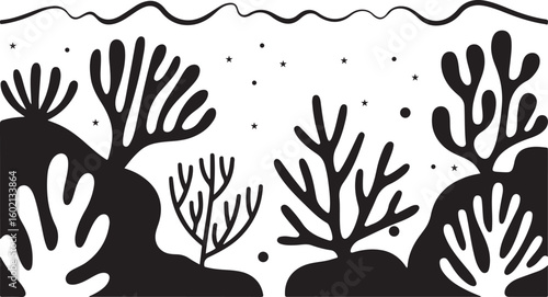 A minimalist black-and-white illustration of coral reefs and marine life with abstract shapes, featuring a clear division between the water surface and the underwater environment.