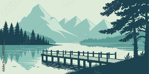 Lake Vector with Wooden Pier and Geometric Mountains