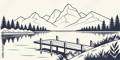 Lake Vector with Wooden Pier and Geometric Mountains