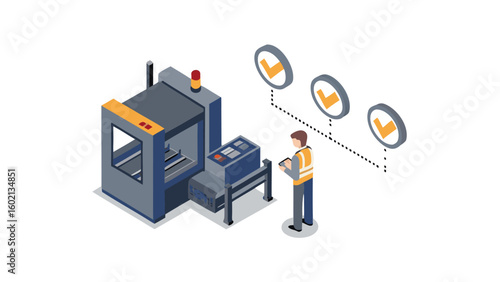 Isometric view of factory worker inspecting machine with checkmarks indicating quality control process