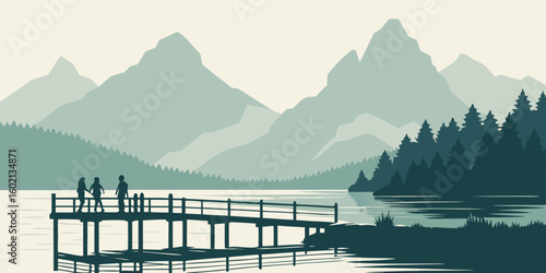 Lake Vector with Wooden Pier and Geometric Mountains