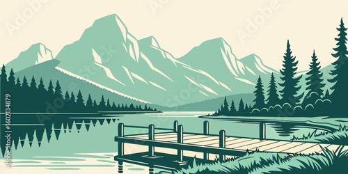 Lake Vector with Wooden Pier and Geometric Mountains