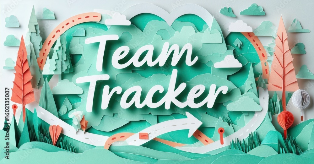 Fototapeta premium Papercraft landscape features road, trees, clouds. Text reads Team Tracker in white, suggesting collaboration, journey tracking. Vibrant colors dominate design.