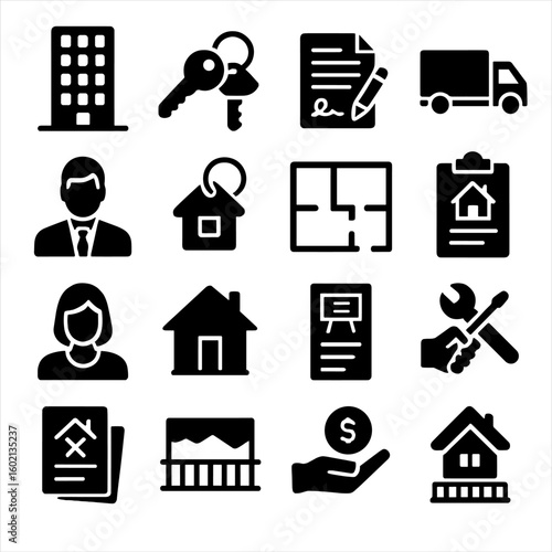 Balcony rent plan truck keychain social housing utility icons vector icon contract