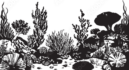 A detailed black-and-white illustration of a vibrant coral reef, featuring various underwater plants, corals, and marine life, creating a rich underwater landscape.