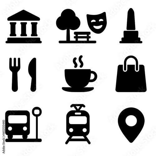 Attractions station shopping theater compass icon vector stop pin local location café