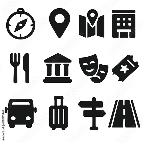 Set vector theater luggage sign compass ticket museum icon destination map street