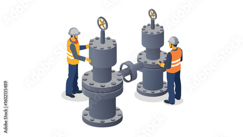 Two workers in safety gear inspecting industrial pipeline valves and fittings on a white background