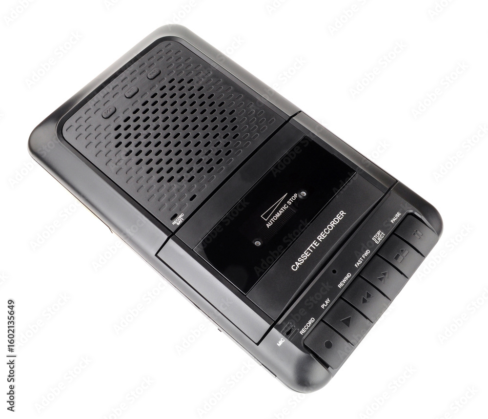 Obraz premium Retro style audio compact cassette player and recorder in black isolated on a white background
