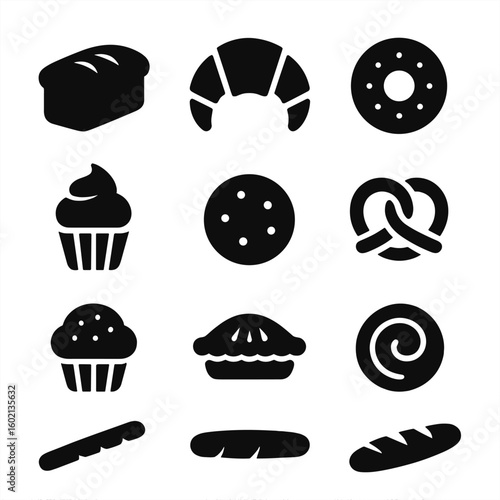 Bakery muffin donut vector collection cupcake croissant cookie roll baguette pretzel icon