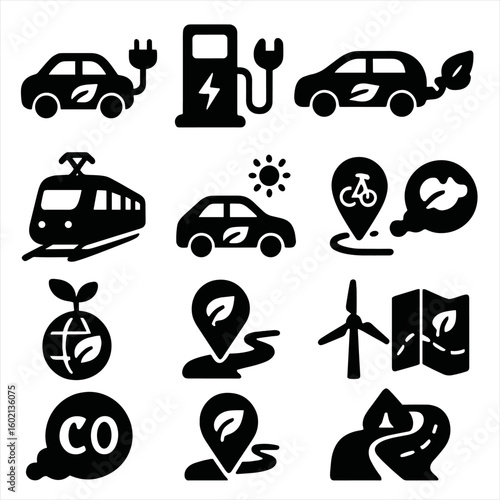 Solar green vector sustainability hybrid renewable vehicle emission transport icon icons bike