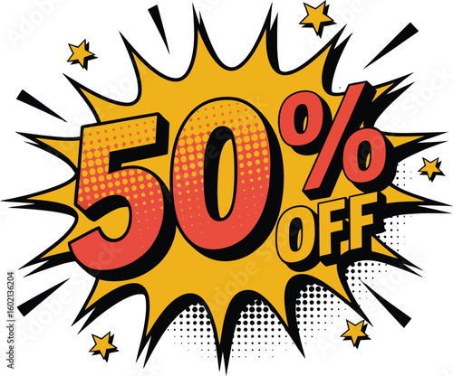 Fifty percent off sale explosion with stars and halftone effect