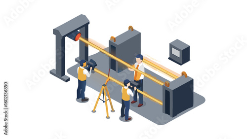 Isometric view of workers aligning laser beams through industrial equipment with tripod stand