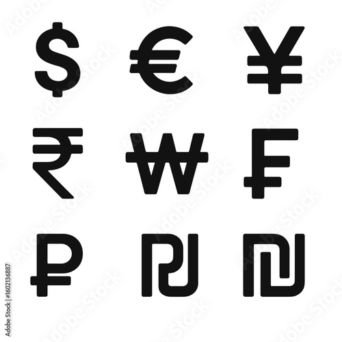 Franc yen icon ruble currency ringgit vector euro won rupee pound grid