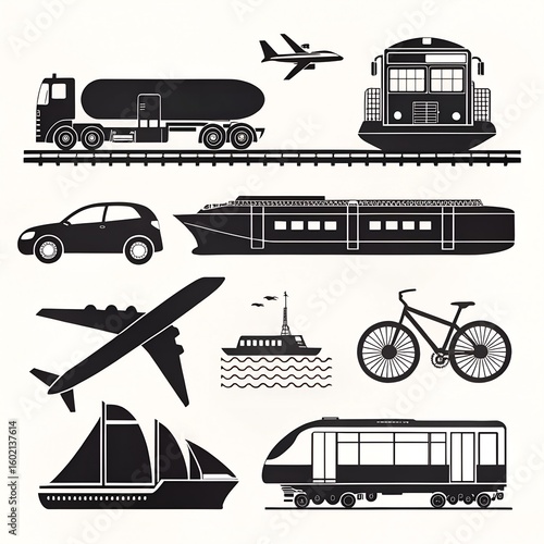Transportation icon set with car bus train airplane and ship in vector design