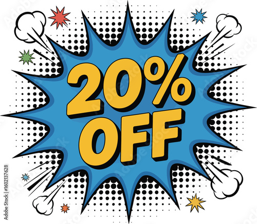 Explosive comic book style 20 percent off sale announcement