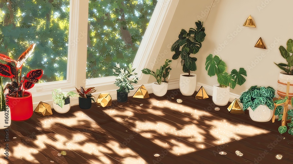 Fototapeta premium Sunlit attic room, plants, geometric decor, window view, home decor
