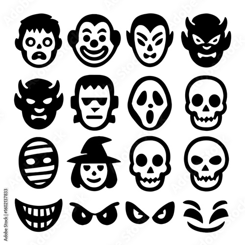 Icons witch skeleton face ghost scary vector creepy zombie faces icon spooky