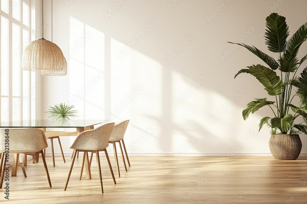 Fototapeta premium A sunlit dining area with a modern minimalist design.